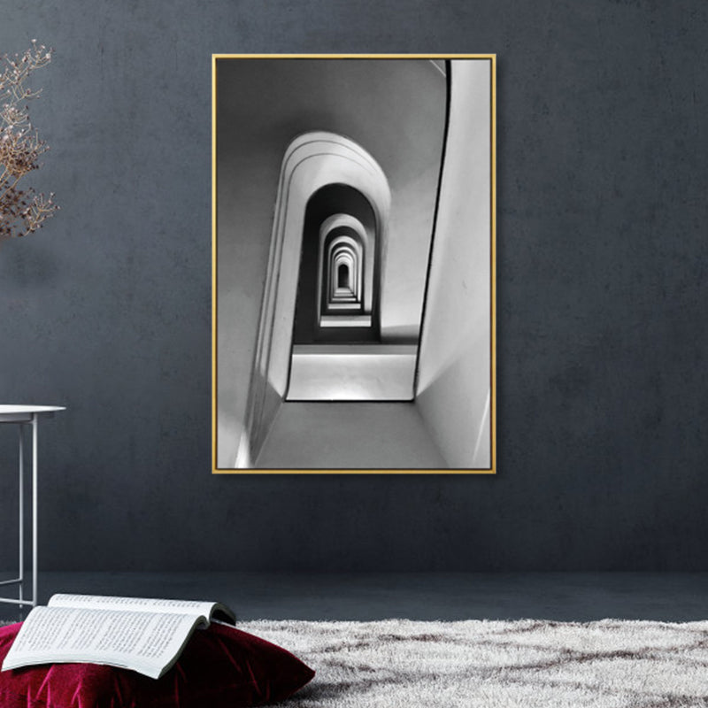 Photograph Architecture Arched Hall Canvas Vintage Textured Wall Art Print in Grey Clearhalo 'Arts' 'Canvas Art' 1859990