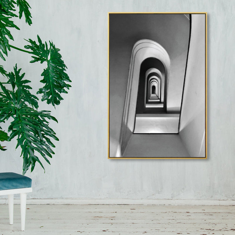 Photograph Architecture Arched Hall Canvas Vintage Textured Wall Art Print in Grey Clearhalo 'Arts' 'Canvas Art' 1859991