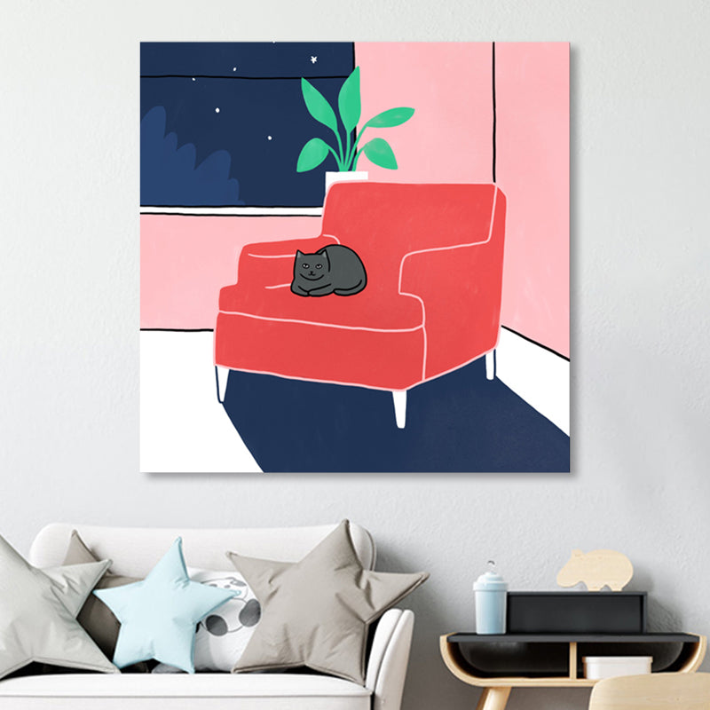 Cat On Sofa Painting Textured Contemporary Style Living Room Wrapped Canvas in Red Red Clearhalo 'Art Gallery' 'Canvas Art' 'Contemporary Art Gallery' 'Modern' Arts' 1860008
