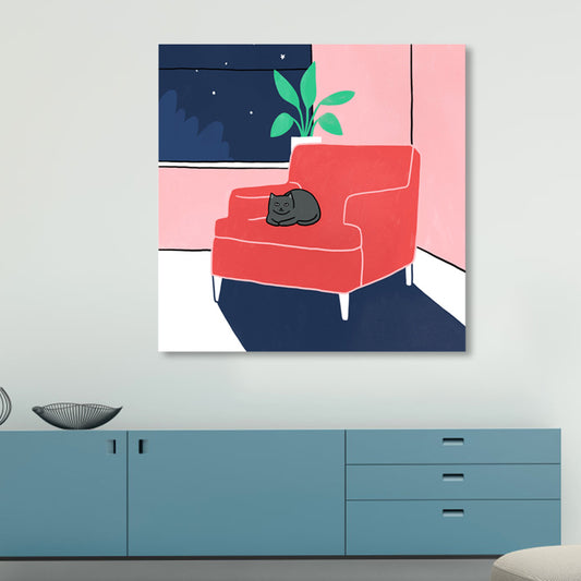 Cat On Sofa Painting Textured Contemporary Style Living Room Wrapped Canvas in Red Clearhalo 'Art Gallery' 'Canvas Art' 'Contemporary Art Gallery' 'Modern' Arts' 1860009