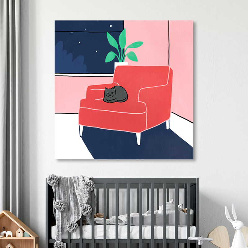 Cat On Sofa Painting Textured Contemporary Style Living Room Wrapped Canvas in Red Clearhalo 'Art Gallery' 'Canvas Art' 'Contemporary Art Gallery' 'Modern' Arts' 1860010