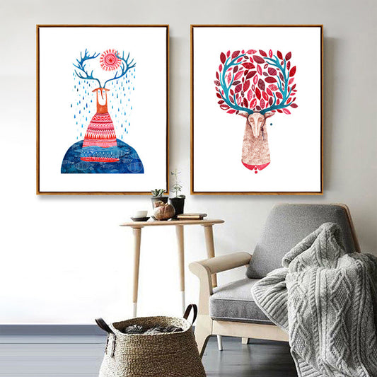Pink Deers Wall Art Set Textured Nordic Style Sitting Room Canvas Print on White Pink Clearhalo 'Art Gallery' 'Canvas Art' 'Kids' Arts' 1860043