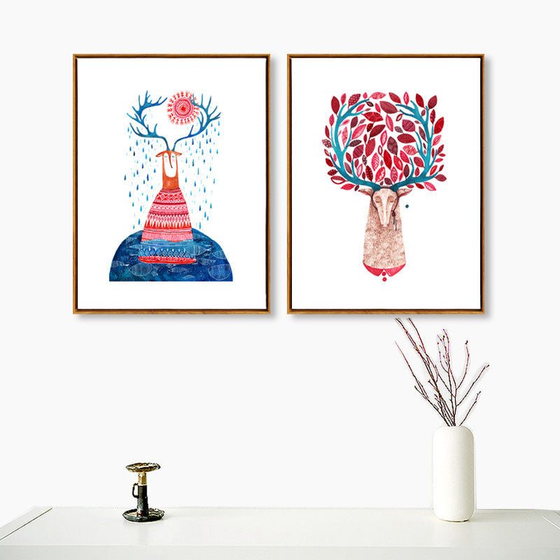 Pink Deers Wall Art Set Textured Nordic Style Sitting Room Canvas Print on White Clearhalo 'Art Gallery' 'Canvas Art' 'Kids' Arts' 1860044