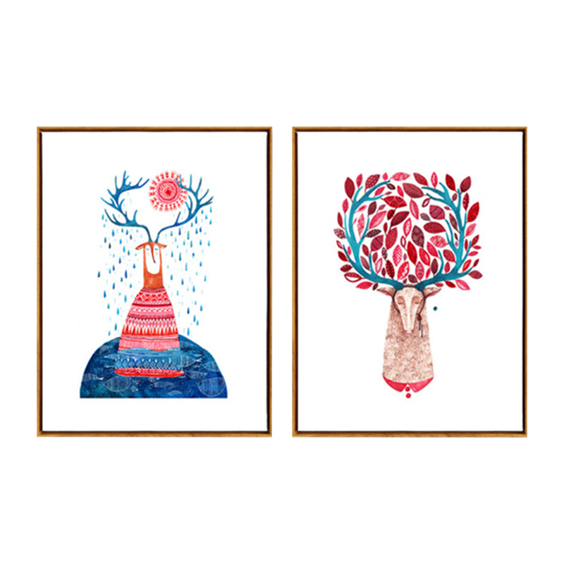 Pink Deers Wall Art Set Textured Nordic Style Sitting Room Canvas Print on White Clearhalo 'Art Gallery' 'Canvas Art' 'Kids' Arts' 1860046