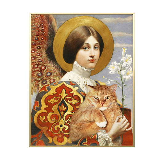 Funky Kids Canvas with Lady and Her Chubby Cat Painting Yellow Wall Art for Home