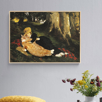 Animal Canvas Wall Art Funky Spoof Girl and Cat in the Forest Painting in Brown for Room Brown Clearhalo 'Arts' 'Canvas Art' 1860085