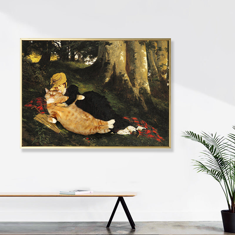 Animal Canvas Wall Art Funky Spoof Girl and Cat in the Forest Painting in Brown for Room Clearhalo 'Arts' 'Canvas Art' 1860086