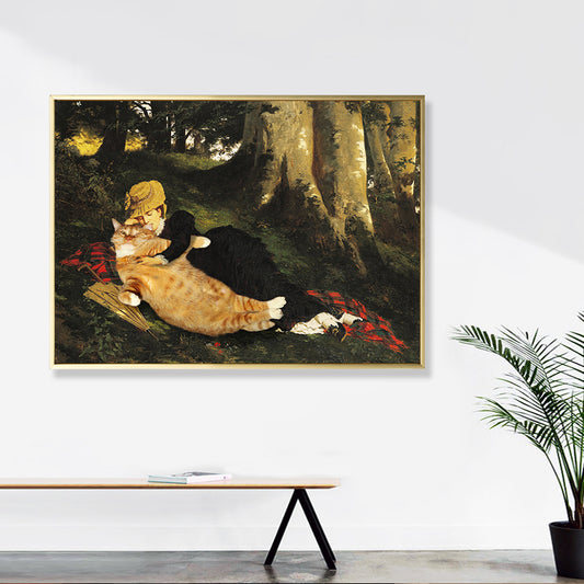 Animal Canvas Wall Art Funky Spoof Girl and Cat in the Forest Painting in Brown for Room - Clearhalo - 'Arts' - 'Canvas Art' - 1860086