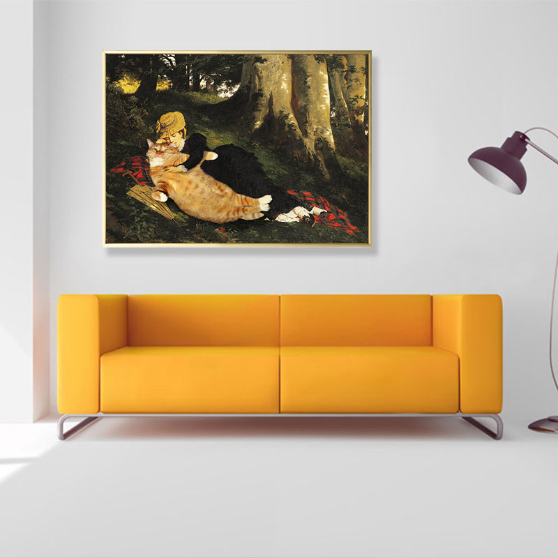 Animal Canvas Wall Art Funky Spoof Girl and Cat in the Forest Painting in Brown for Room Clearhalo 'Arts' 'Canvas Art' 1860087