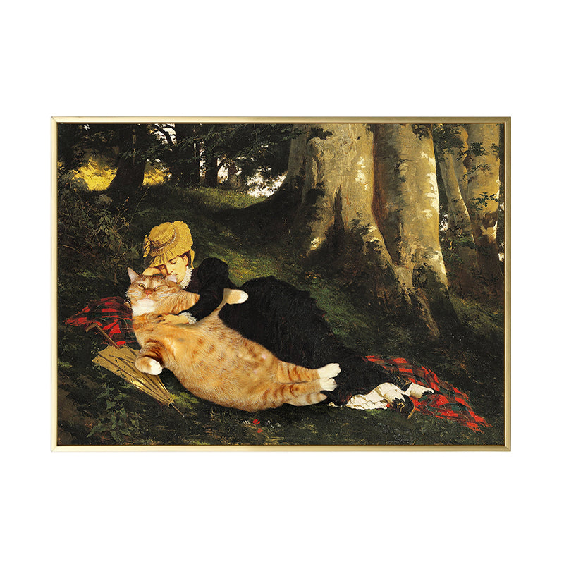 Animal Canvas Wall Art Funky Spoof Girl and Cat in the Forest Painting in Brown for Room Clearhalo 'Arts' 'Canvas Art' 1860088