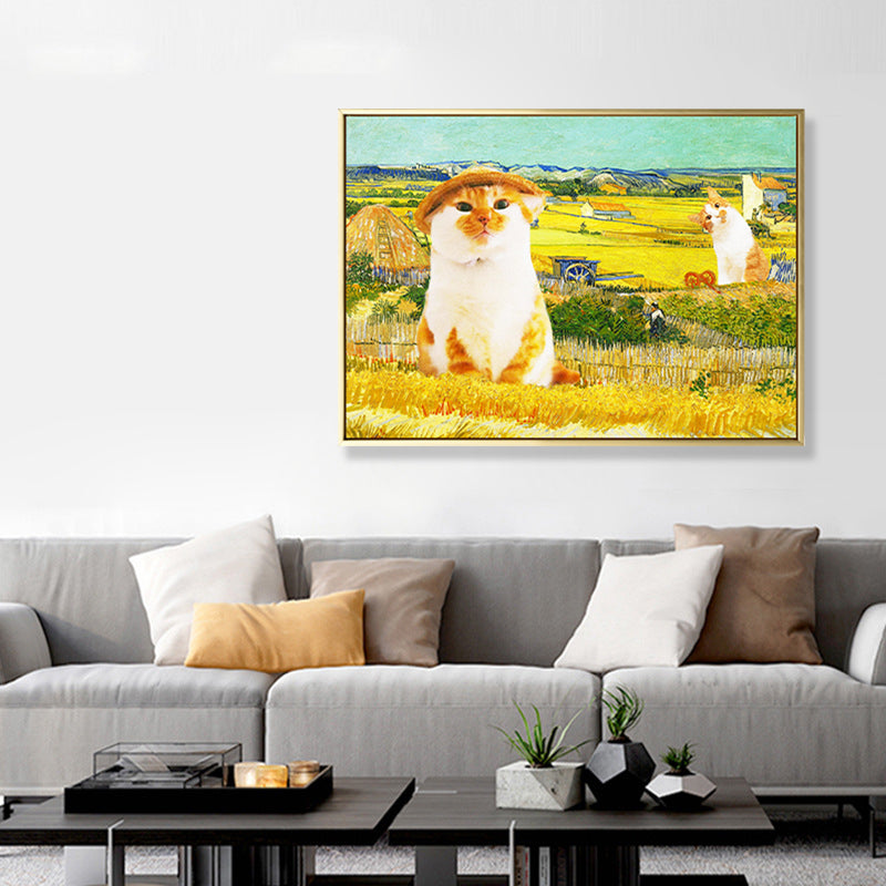 Pop Art Farmer Cat Canvas Yellow House Interior Wall Decor, Multiple Size Options Yellow Clearhalo 'Arts' 'Canvas Art' 1860104