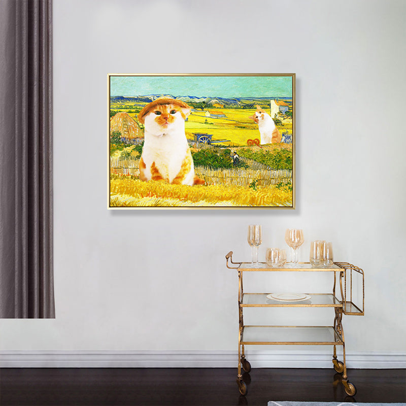 Pop Art Farmer Cat Canvas Yellow House Interior Wall Decor, Multiple Size Options Clearhalo 'Arts' 'Canvas Art' 1860106