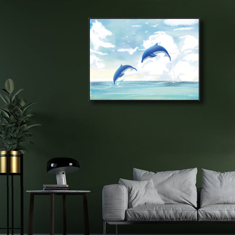 Sea Animal and Ocean Painting Light Color Kids Style Wrapped Canvas for Family Room White Clearhalo 'Art Gallery' 'Canvas Art' 'Kids' Arts' 1860169