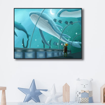 Sea Animal and Ocean Painting Light Color Kids Style Wrapped Canvas for Family Room Ocean Blue Clearhalo 'Art Gallery' 'Canvas Art' 'Kids' Arts' 1860177