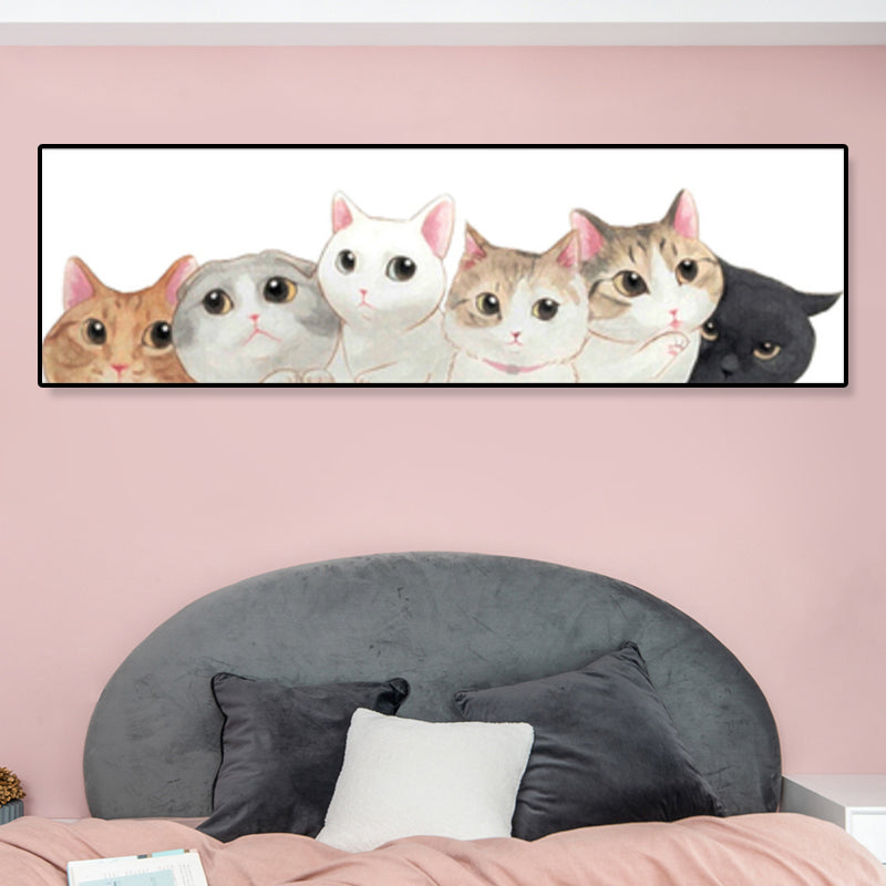 Light Color Kids Style Painting Various Cat Print Wrapped Canvas for Girls Bedroom White 12" x 39" Clearhalo 'Art Gallery' 'Canvas Art' 'Kids' Arts' 1860305