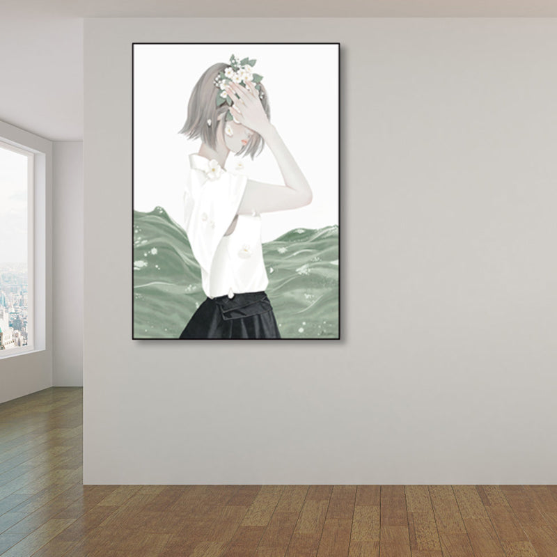 Soft Color Illustrated Maiden Wrapped Canvas Textured Pop Art Living Room Wall Decor White Clearhalo 'Art Gallery' 'Canvas Art' 'Contemporary Art Gallery' 'Modern' Arts' 1860461