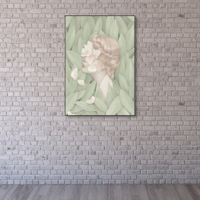 Soft Color Illustrated Maiden Wrapped Canvas Textured Pop Art Living Room Wall Decor Green Clearhalo 'Art Gallery' 'Canvas Art' 'Contemporary Art Gallery' 'Modern' Arts' 1860465