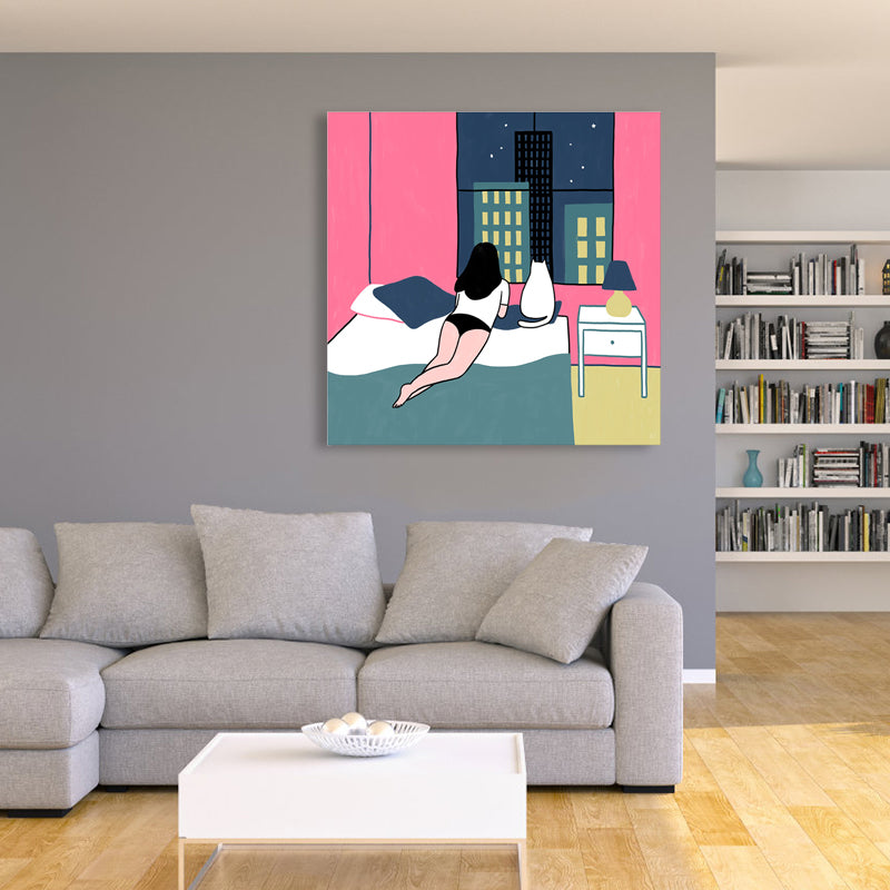 Pink Cat and Girl Graphic Canvas Print Textured Wall Decor for Guest Room, Multiple Size Clearhalo 'Art Gallery' 'Canvas Art' 'Contemporary Art Gallery' 'Modern' Arts' 1860758