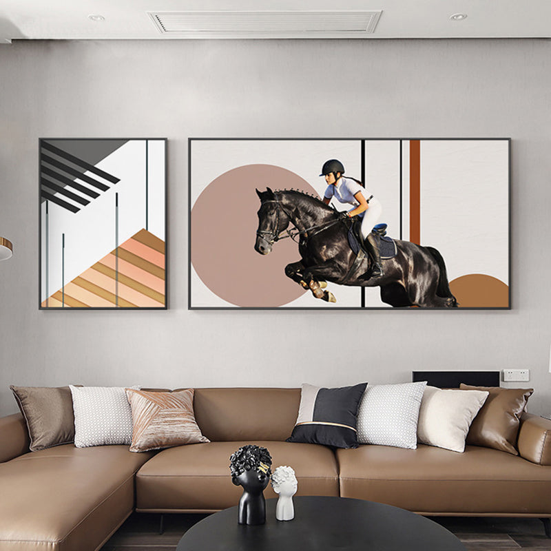 Bright Lady Rider Canvas Print with Geometric Background Modern Textured Wall Art Brown Clearhalo 'Art Gallery' 'Canvas Art' 'Traditional' Arts' 1860781