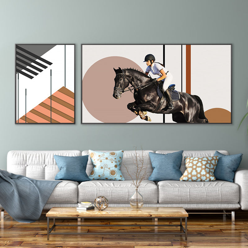 Bright Lady Rider Canvas Print with Geometric Background Modern Textured Wall Art Clearhalo 'Art Gallery' 'Canvas Art' 'Traditional' Arts' 1860782