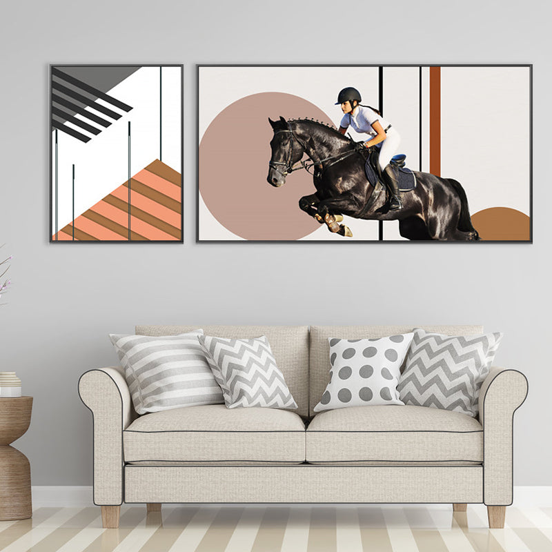 Bright Lady Rider Canvas Print with Geometric Background Modern Textured Wall Art Clearhalo 'Art Gallery' 'Canvas Art' 'Traditional' Arts' 1860783
