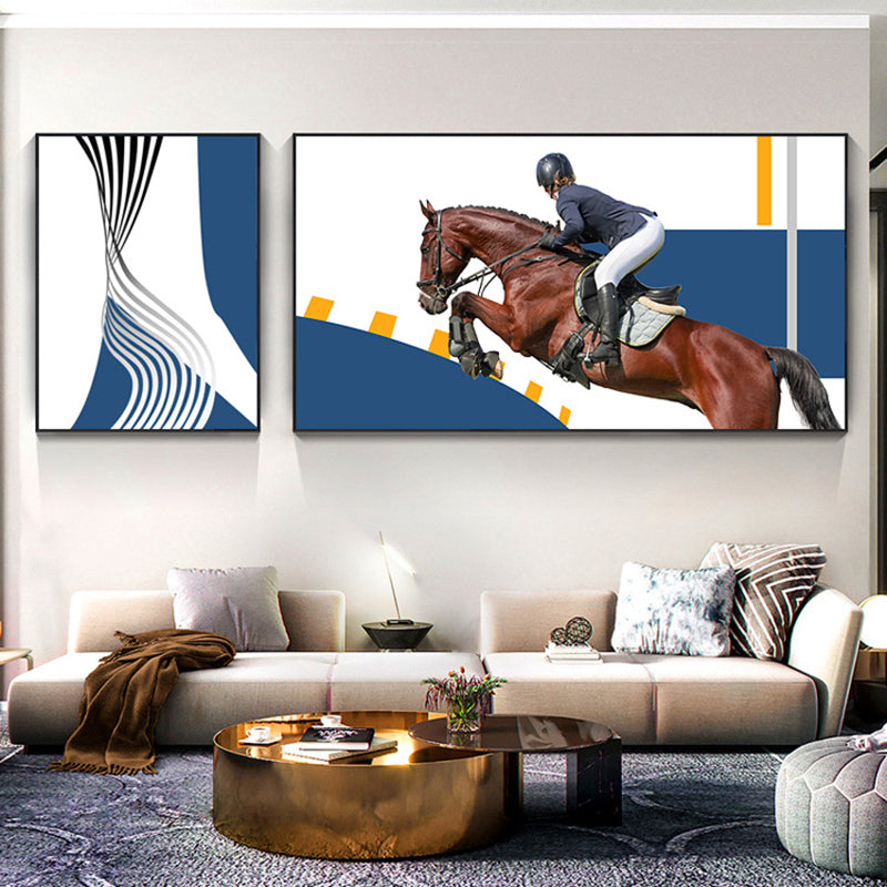 Bright Lady Rider Canvas Print with Geometric Background Modern Textured Wall Art Blue Clearhalo 'Art Gallery' 'Canvas Art' 'Traditional' Arts' 1860785