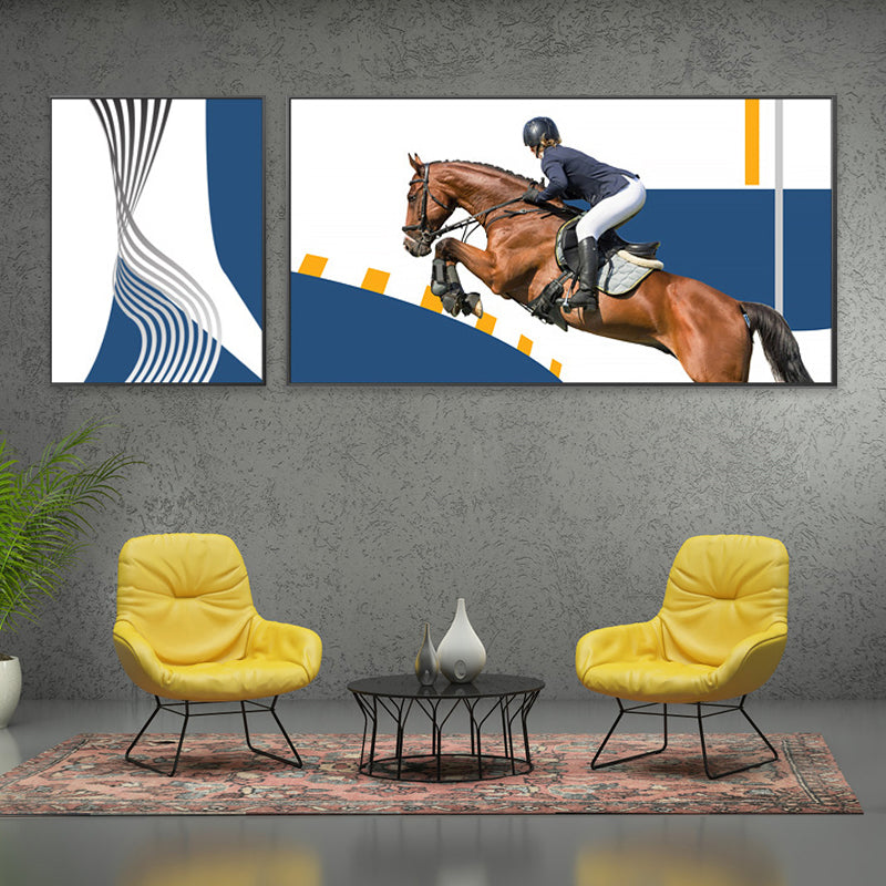 Bright Lady Rider Canvas Print with Geometric Background Modern Textured Wall Art Clearhalo 'Art Gallery' 'Canvas Art' 'Traditional' Arts' 1860787