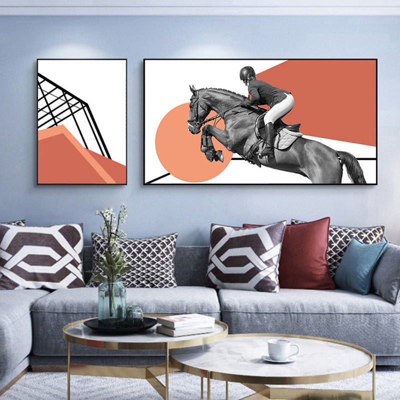 Bright Lady Rider Canvas Print with Geometric Background Modern Textured Wall Art Orange Clearhalo 'Art Gallery' 'Canvas Art' 'Traditional' Arts' 1860789