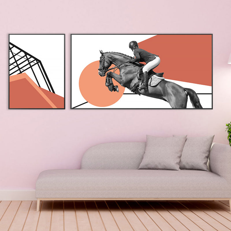 Bright Lady Rider Canvas Print with Geometric Background Modern Textured Wall Art Clearhalo 'Art Gallery' 'Canvas Art' 'Traditional' Arts' 1860790