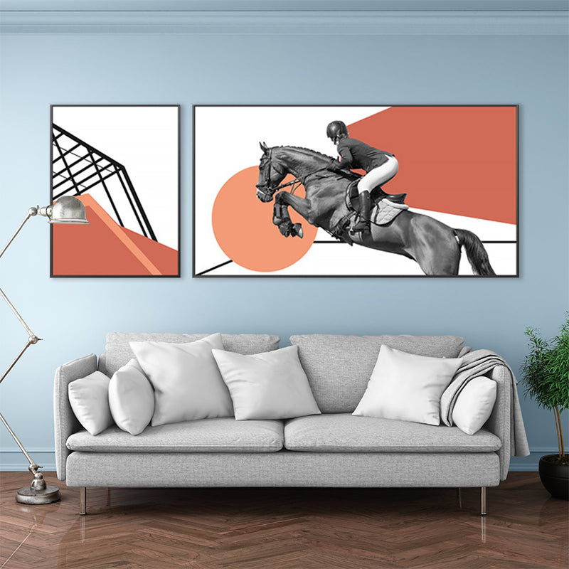 Bright Lady Rider Canvas Print with Geometric Background Modern Textured Wall Art Clearhalo 'Art Gallery' 'Canvas Art' 'Traditional' Arts' 1860791