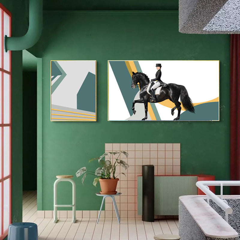 Bright Lady Rider Canvas Print with Geometric Background Modern Textured Wall Art Green Clearhalo 'Art Gallery' 'Canvas Art' 'Traditional' Arts' 1860793