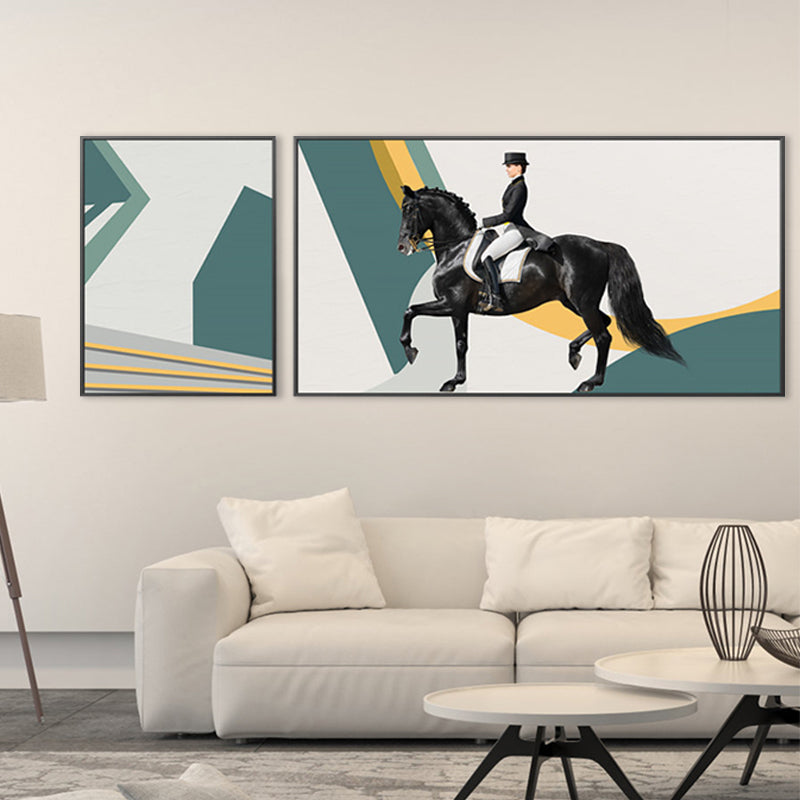 Bright Lady Rider Canvas Print with Geometric Background Modern Textured Wall Art Clearhalo 'Art Gallery' 'Canvas Art' 'Traditional' Arts' 1860795