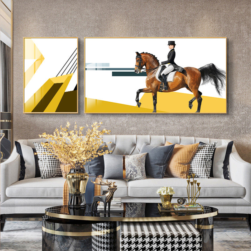 Bright Lady Rider Canvas Print with Geometric Background Modern Textured Wall Art Light Yellow Clearhalo 'Art Gallery' 'Canvas Art' 'Traditional' Arts' 1860797