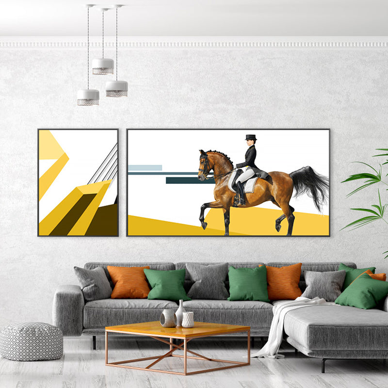 Bright Lady Rider Canvas Print with Geometric Background Modern Textured Wall Art Clearhalo 'Art Gallery' 'Canvas Art' 'Traditional' Arts' 1860798