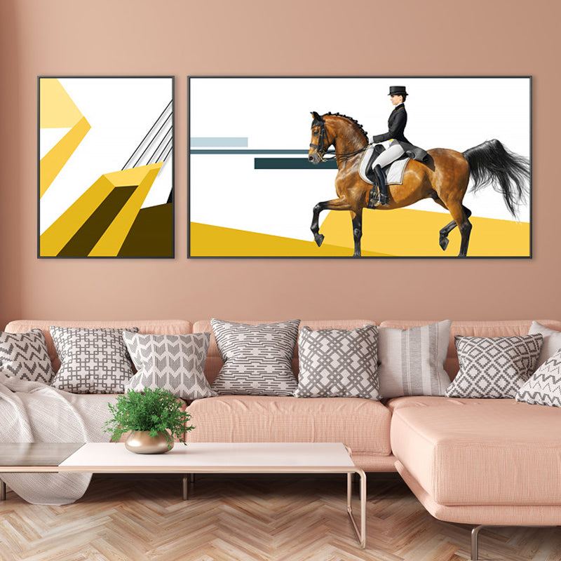 Bright Lady Rider Canvas Print with Geometric Background Modern Textured Wall Art Clearhalo 'Art Gallery' 'Canvas Art' 'Traditional' Arts' 1860799