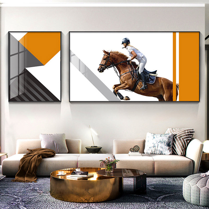 Bright Lady Rider Canvas Print with Geometric Background Modern Textured Wall Art Dark Yellow Clearhalo 'Art Gallery' 'Canvas Art' 'Traditional' Arts' 1860801