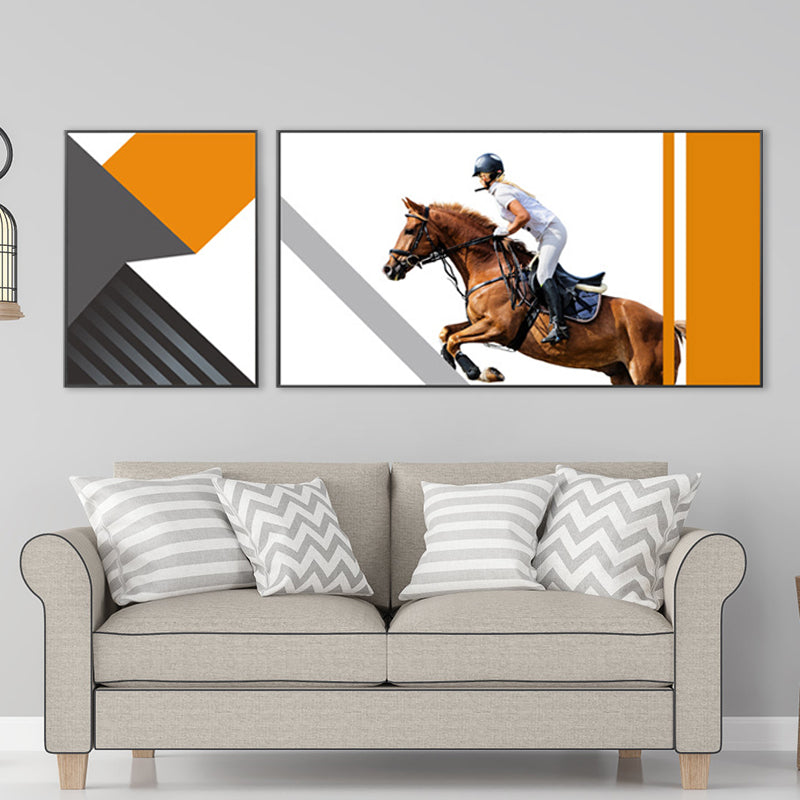 Bright Lady Rider Canvas Print with Geometric Background Modern Textured Wall Art Clearhalo 'Art Gallery' 'Canvas Art' 'Traditional' Arts' 1860802