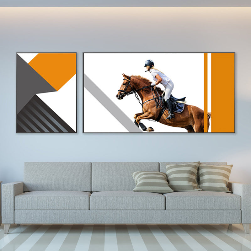 Bright Lady Rider Canvas Print with Geometric Background Modern Textured Wall Art Clearhalo 'Art Gallery' 'Canvas Art' 'Traditional' Arts' 1860803