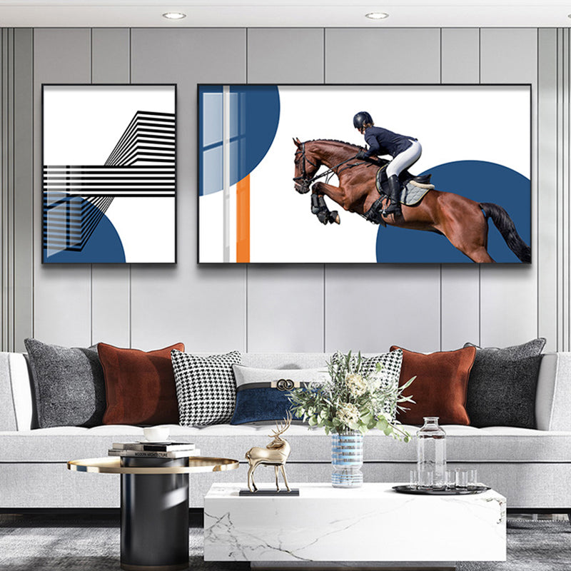 Bright Lady Rider Canvas Print with Geometric Background Modern Textured Wall Art Dark Blue Clearhalo 'Art Gallery' 'Canvas Art' 'Traditional' Arts' 1860805
