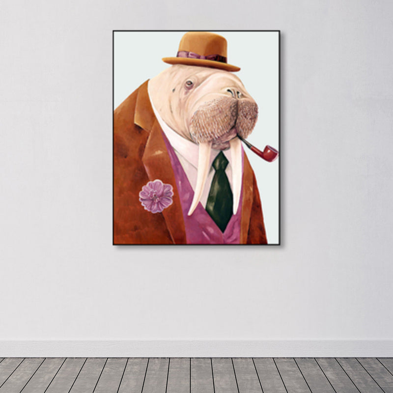 Personified Animal Canvas Children's Art Creature Painting in Light Color for Guest Room Light Brown Clearhalo 'Art Gallery' 'Canvas Art' 'Kids' Arts' 1860960