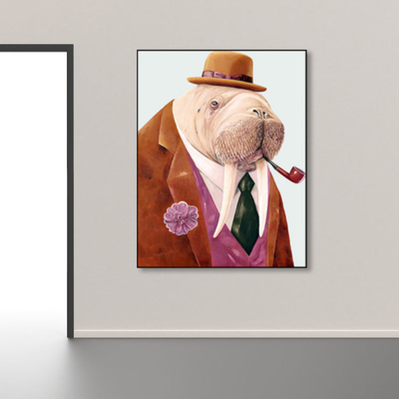 Personified Animal Canvas Children's Art Creature Painting in Light Color for Guest Room Clearhalo 'Art Gallery' 'Canvas Art' 'Kids' Arts' 1860961