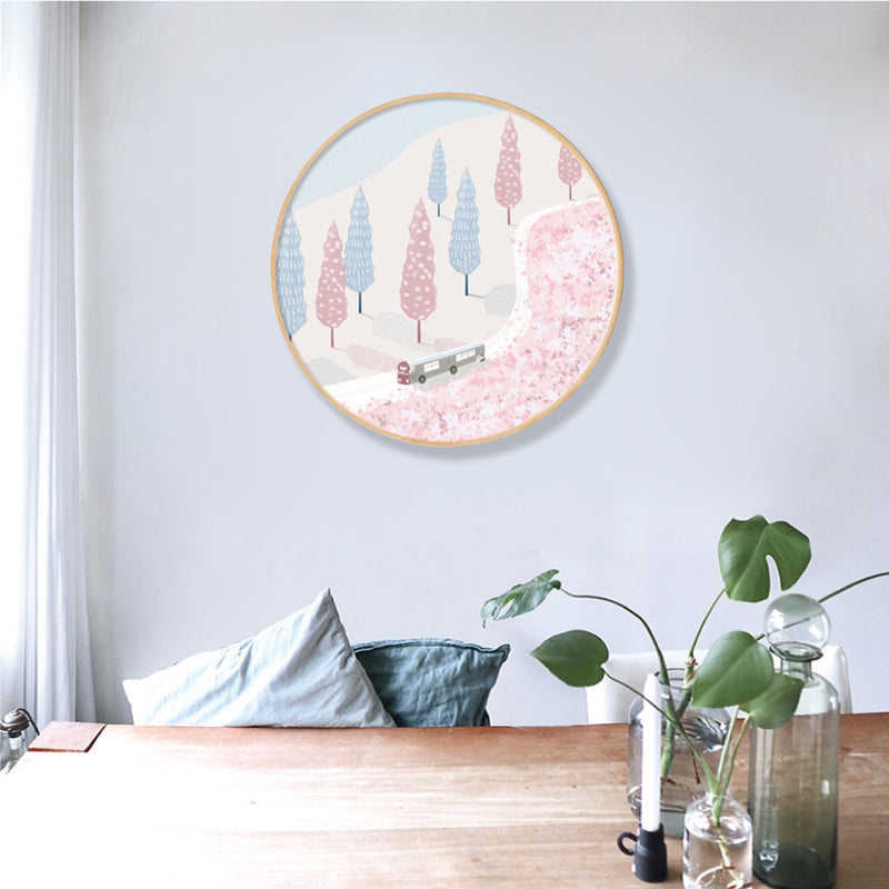 Vehicle in Forest Wall Decor Scandinavian Textured Canvas Print in Soft Color for Bedroom Pink Clearhalo 'Arts' 'Canvas Art' 1861050