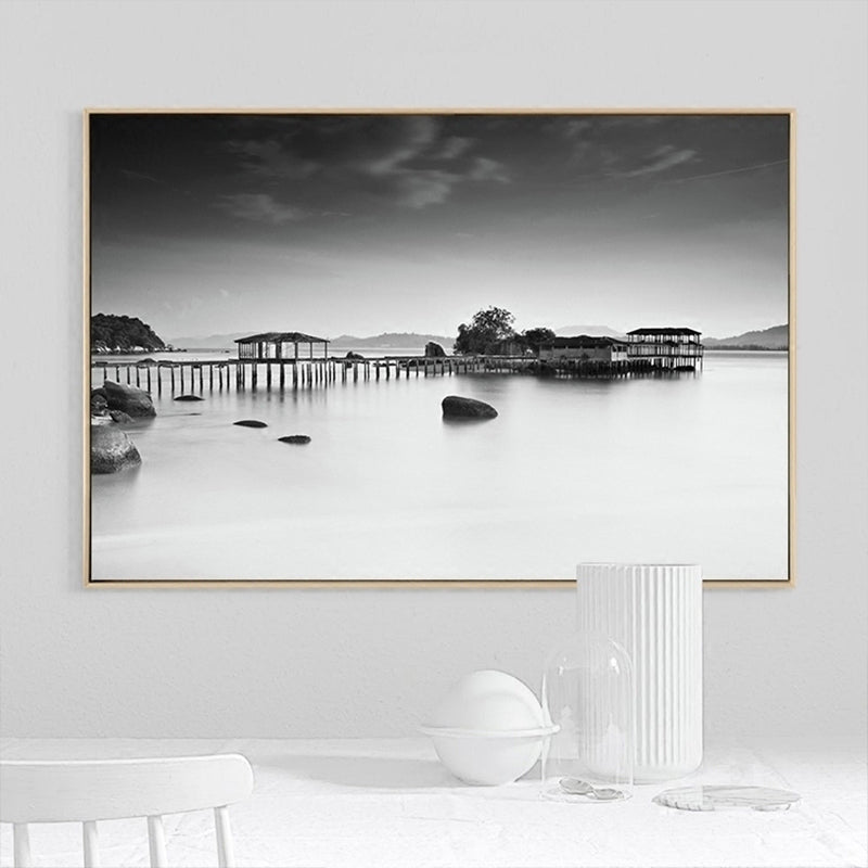 Photo Misty River Scene Canvas Print Modern Textured Dining Room Wall Art in Dark Color