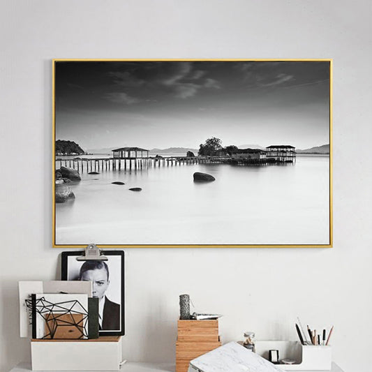 Photo Misty River Scene Canvas Print Modern Textured Dining Room Wall Art in Dark Color