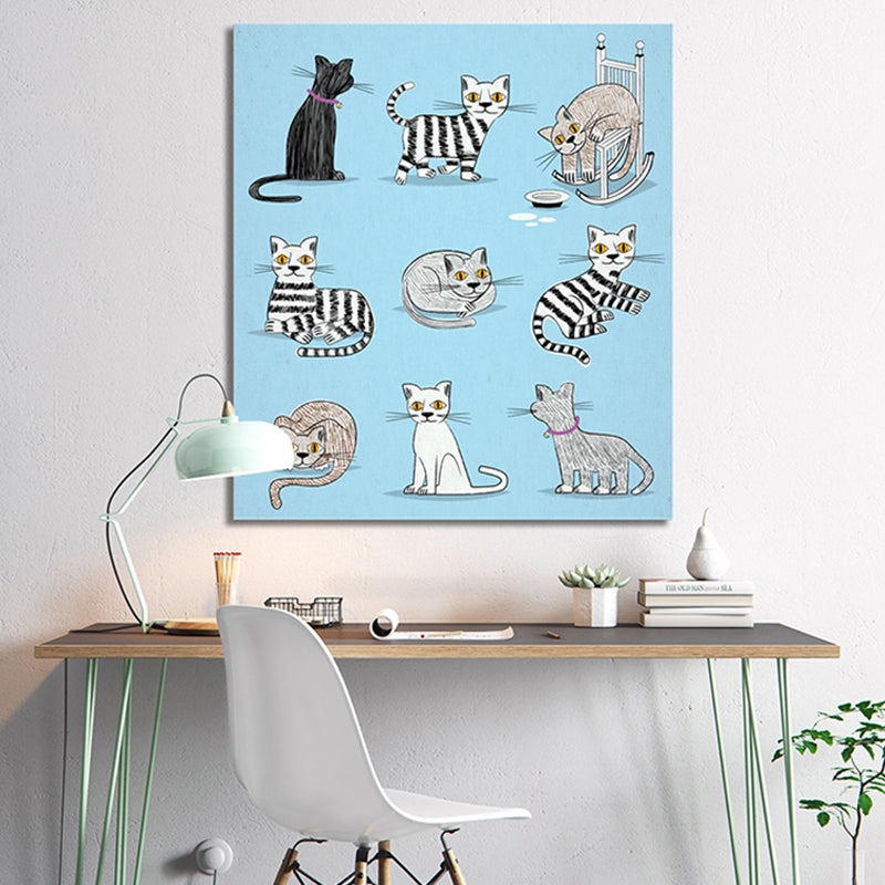 Diversiform Cat Pattern Canvas Children's Art Textured Wall Decor in Blue for Guest Room Blue Clearhalo 'Art Gallery' 'Canvas Art' 'Kids' Arts' 1861256