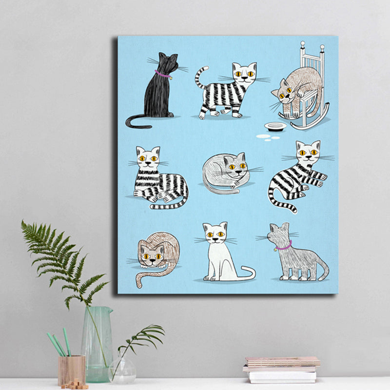 Diversiform Cat Pattern Canvas Children's Art Textured Wall Decor in Blue for Guest Room Clearhalo 'Art Gallery' 'Canvas Art' 'Kids' Arts' 1861257