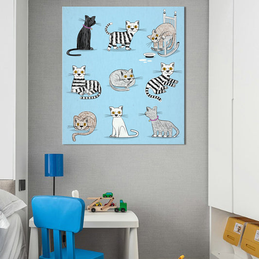 Diversiform Cat Pattern Canvas Children's Art Textured Wall Decor in Blue for Guest Room Clearhalo 'Art Gallery' 'Canvas Art' 'Kids' Arts' 1861258