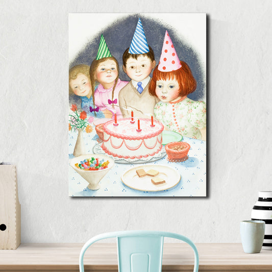 Illustrated Children's Art Canvas Print with Kids Birthday Scene in Light Pink for Parlour Light Pink Clearhalo 'Art Gallery' 'Canvas Art' 'Kids' Arts' 1861277