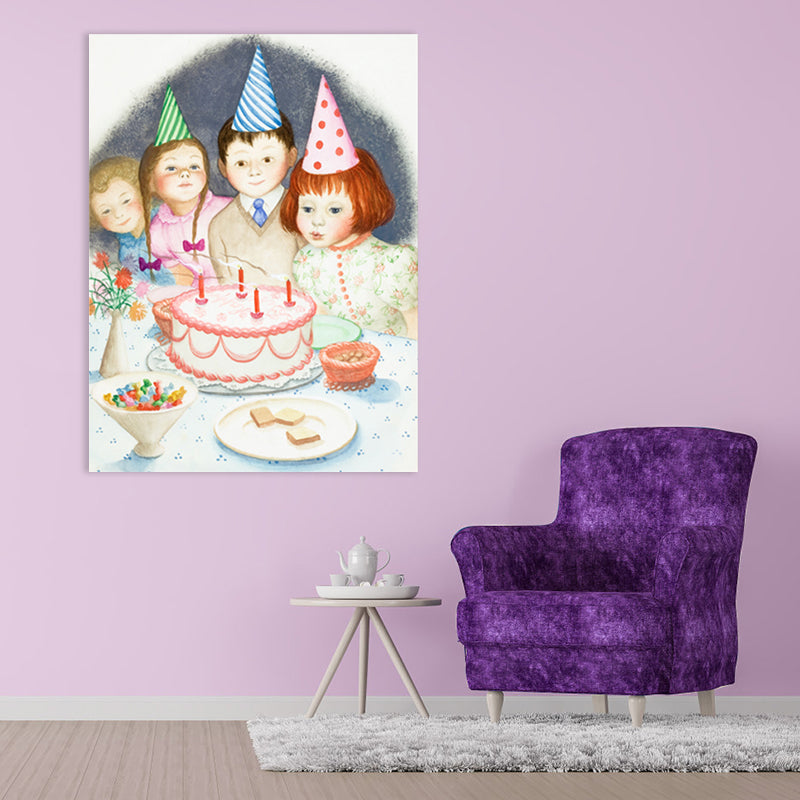 Illustrated Children's Art Canvas Print with Kids Birthday Scene in Light Pink for Parlour Clearhalo 'Art Gallery' 'Canvas Art' 'Kids' Arts' 1861278