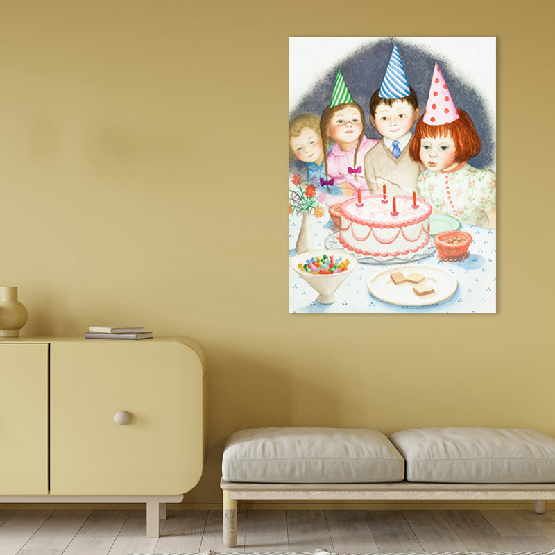Illustrated Children's Art Canvas Print with Kids Birthday Scene in Light Pink for Parlour Clearhalo 'Art Gallery' 'Canvas Art' 'Kids' Arts' 1861279